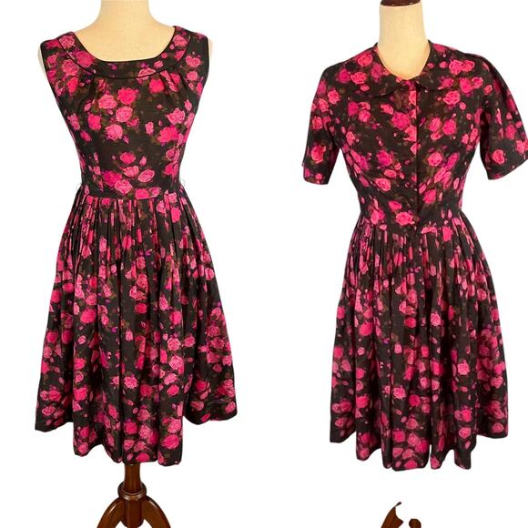 Vintage 1950's Two Piece L'aiglon Dress Jacket Pink Floral Roses Size 8 - Picture 1 of 7